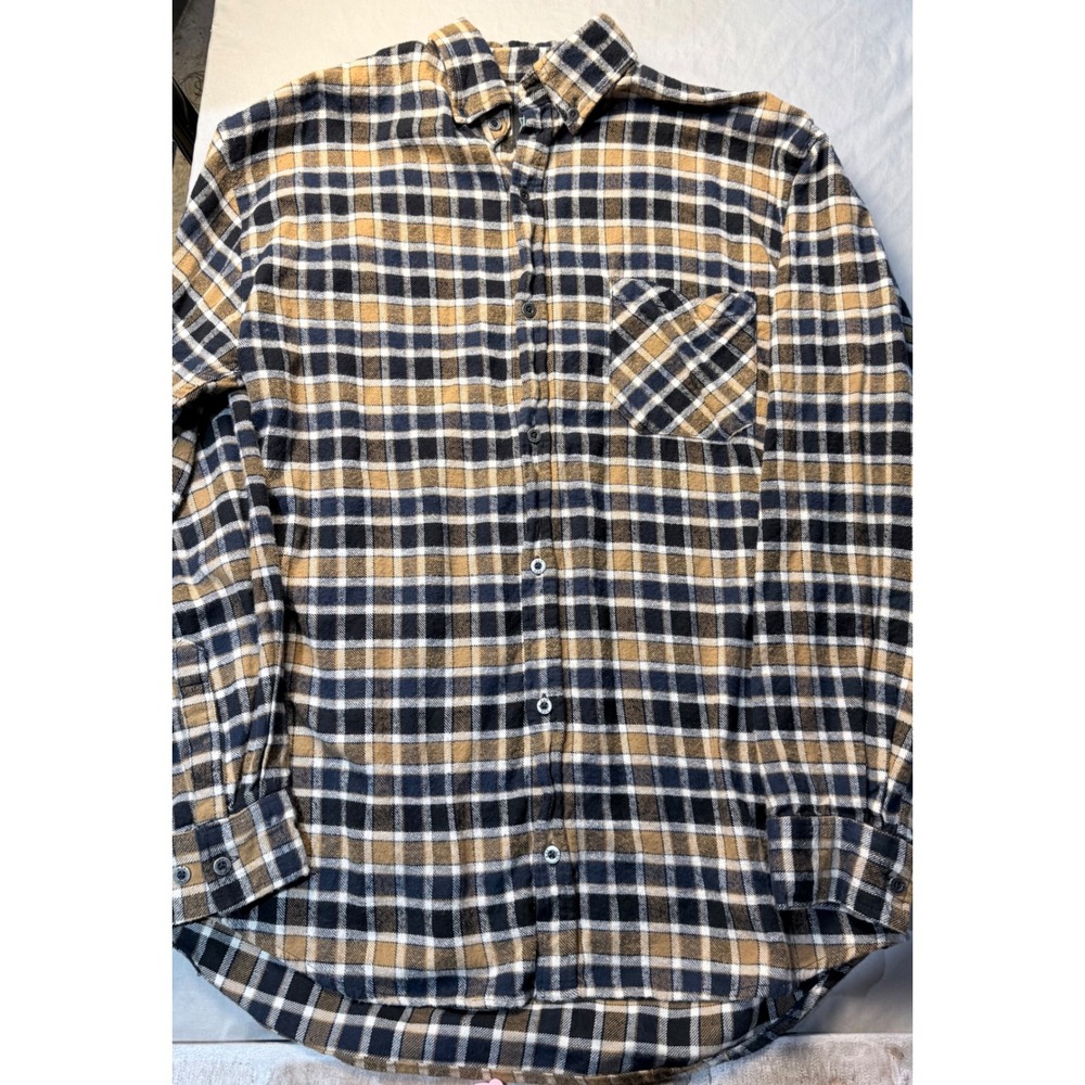 Key Industries Mens Flannel Shirt Medium Tan Black Plaid Cotton Button Down